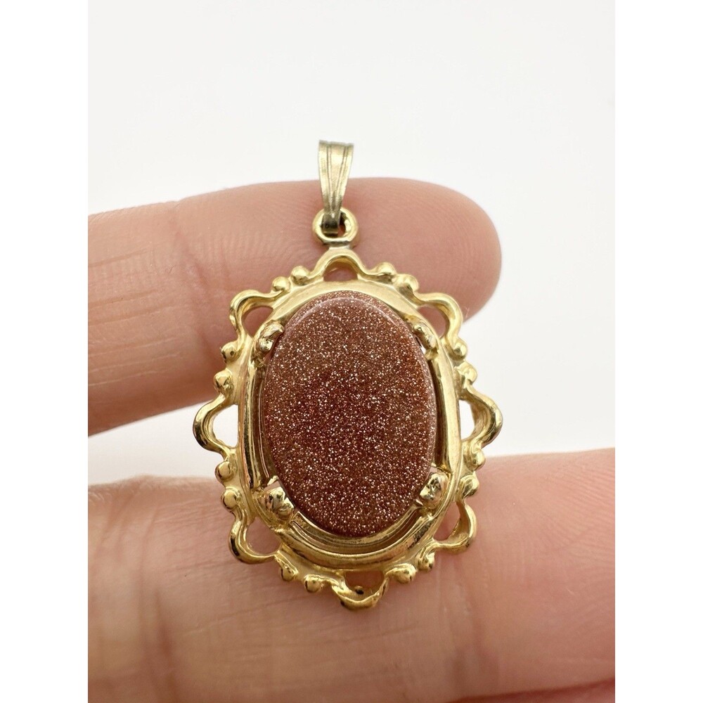 Vintage Gold Tone Goldstone Sunstone Filigree Frame Pendant Victorian Style